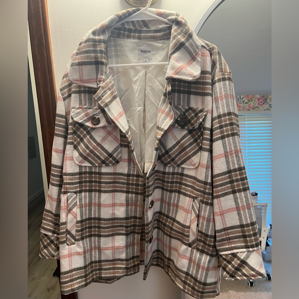 Shacket, flannel, brown, white, pink, Kensie, Large, worn once